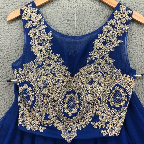 Jodi Kristopher Dress Womens 1 Jrs Blue Gold Lace Dance 2 Piece Sparkle Cocktail - Picture 4 of 16